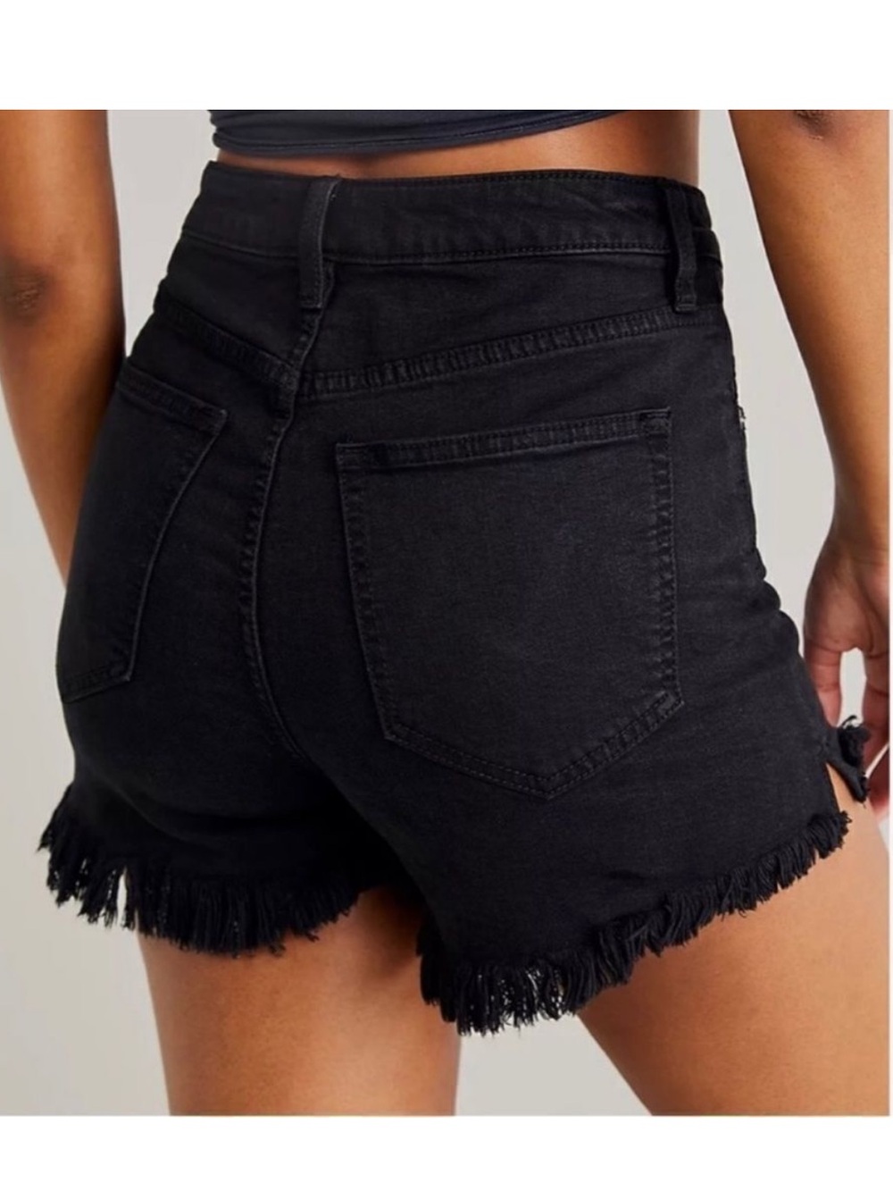 Free People Curvy Black High-Rise Frayed Hem Denim Shorts